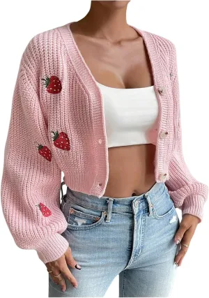 WDIRARA Women's Strawberry Embroidery Crop Cardigan Drop Shoulder Button Up Sweater Tops V Neck Outerwear
