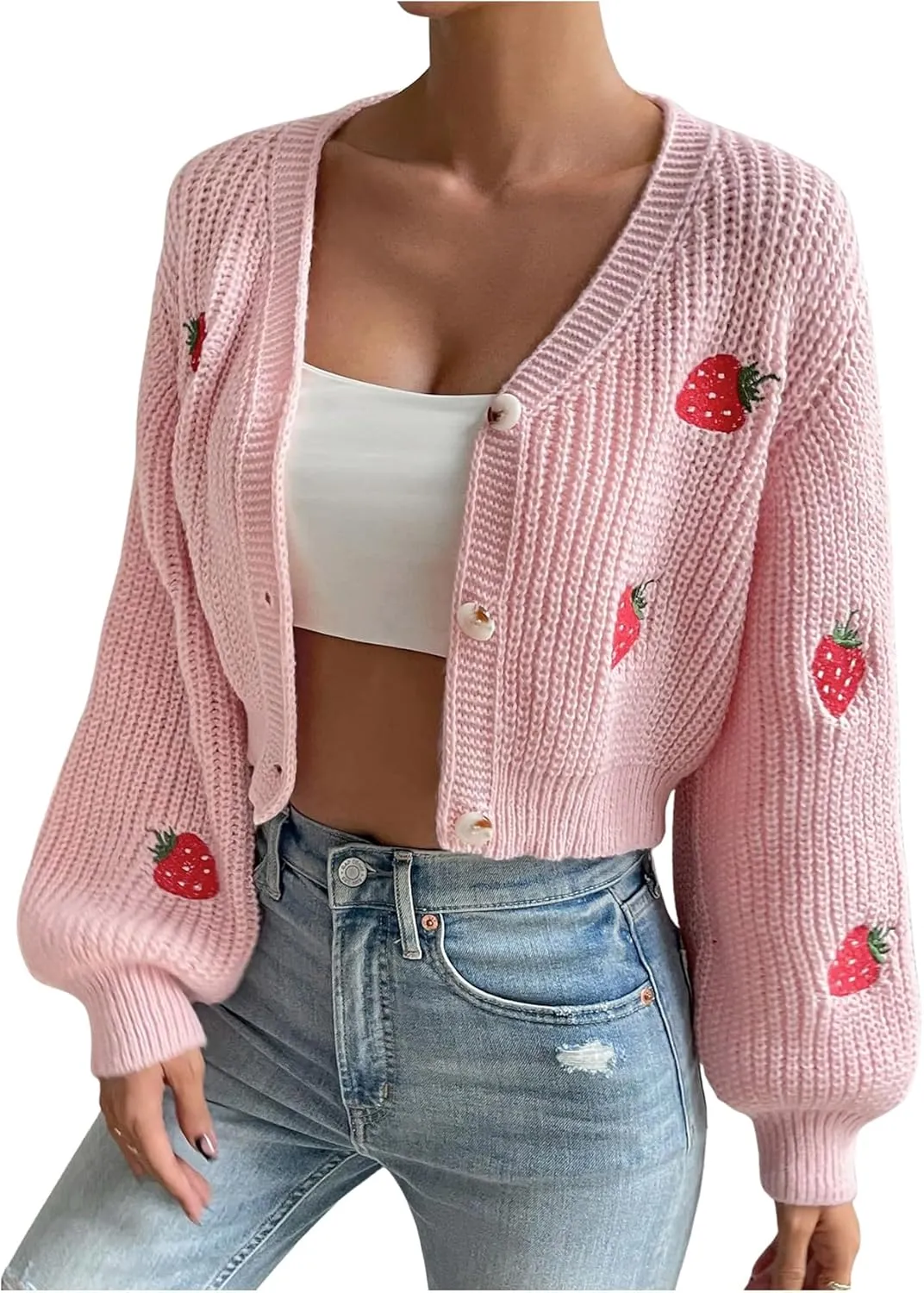 WDIRARA Women's Strawberry Embroidery Crop Cardigan Drop Shoulder Button Up Sweater Tops V Neck Outerwear