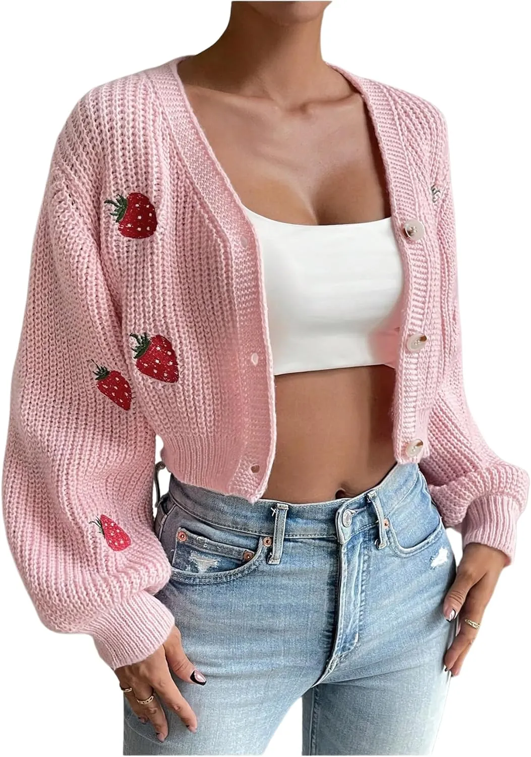 WDIRARA Women's Strawberry Embroidery Crop Cardigan Drop Shoulder Button Up Sweater Tops V Neck Outerwear
