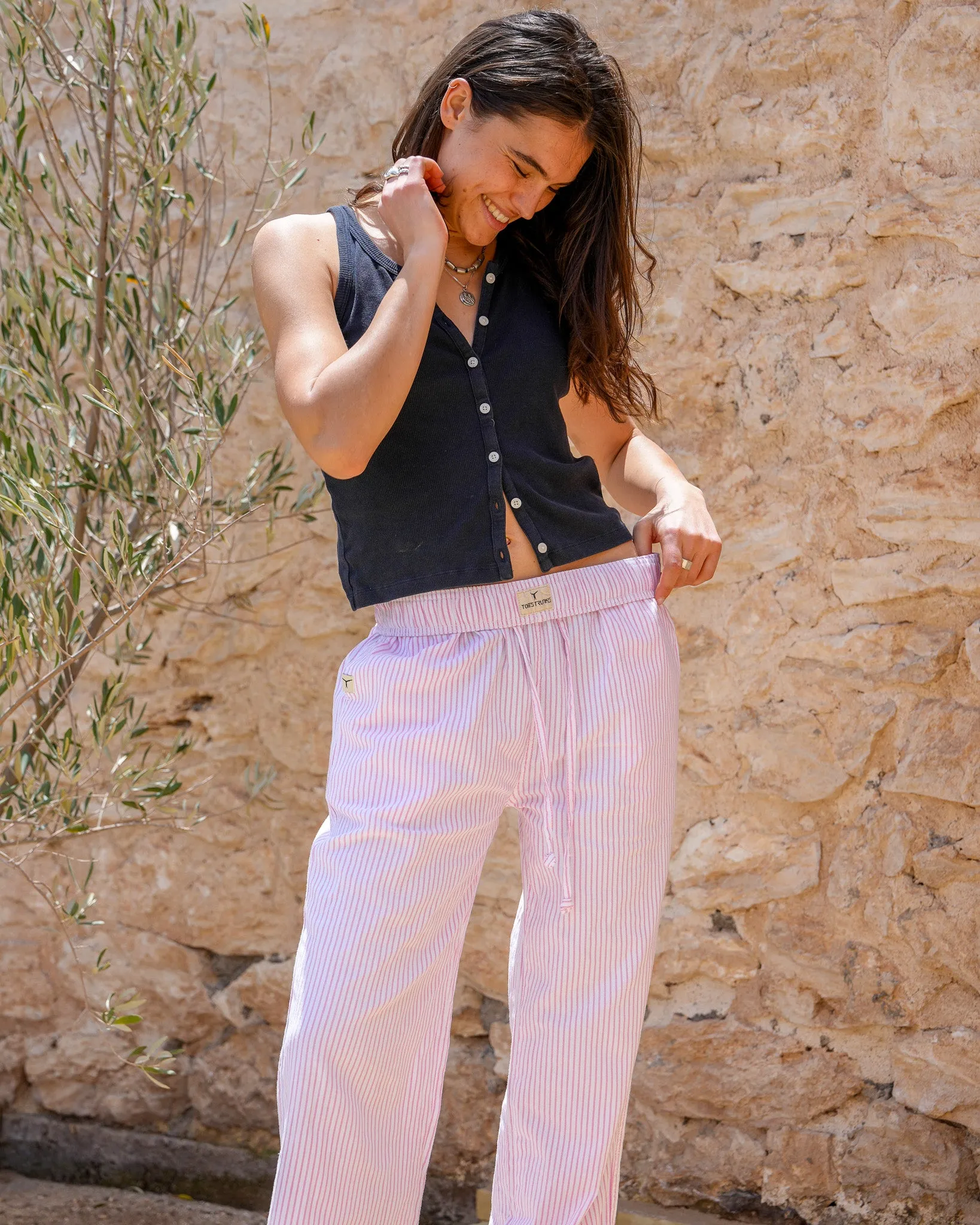 White & Pink Pinstripe Trousers