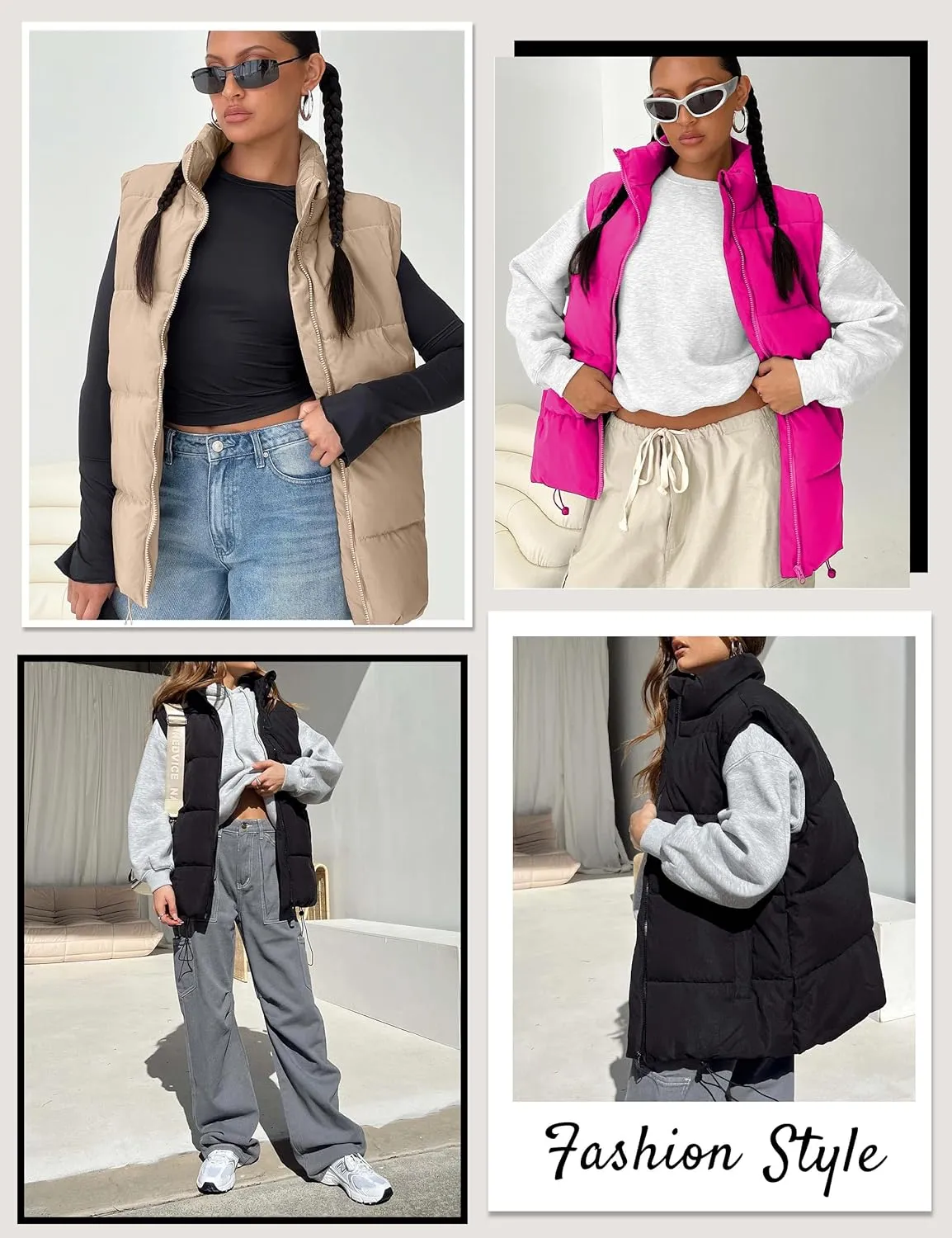 WHN Women's Oversized Puffer Vest Sleeveless Padded Jacket Coat Zip Up Winter Warm Outerwear