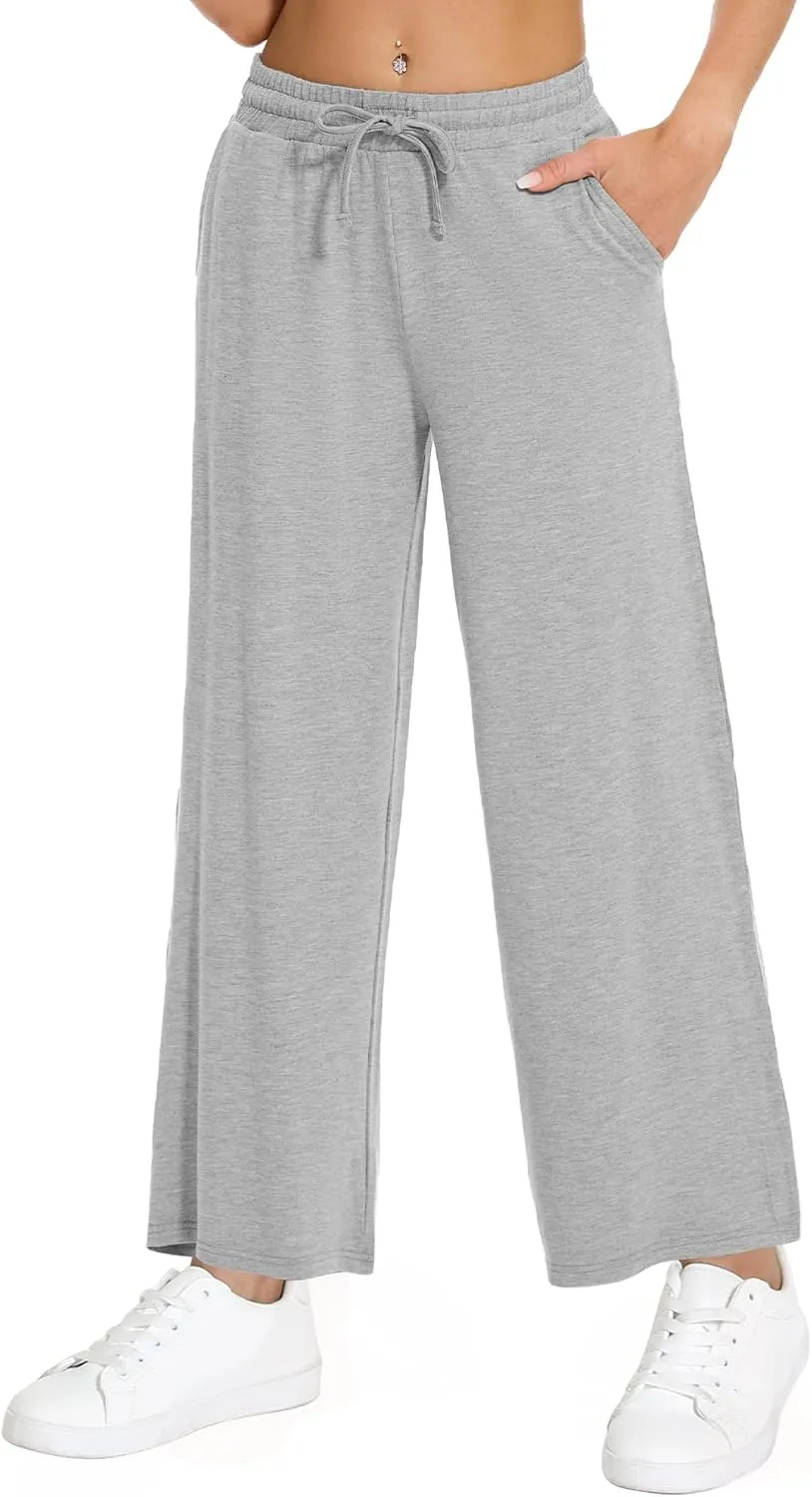 WiWi Women's French Terry Yoga Pants Soft Viscose from Bamboo Lounge Pants Wide Leg Sweatpants with Pockets S-XXL