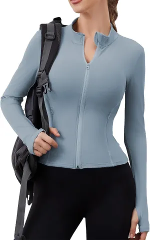 Women Built-In Pockets Athletic Jackets Slim Fit Full Zip up Workout Yoga Gym Jacket with Thumb Holes