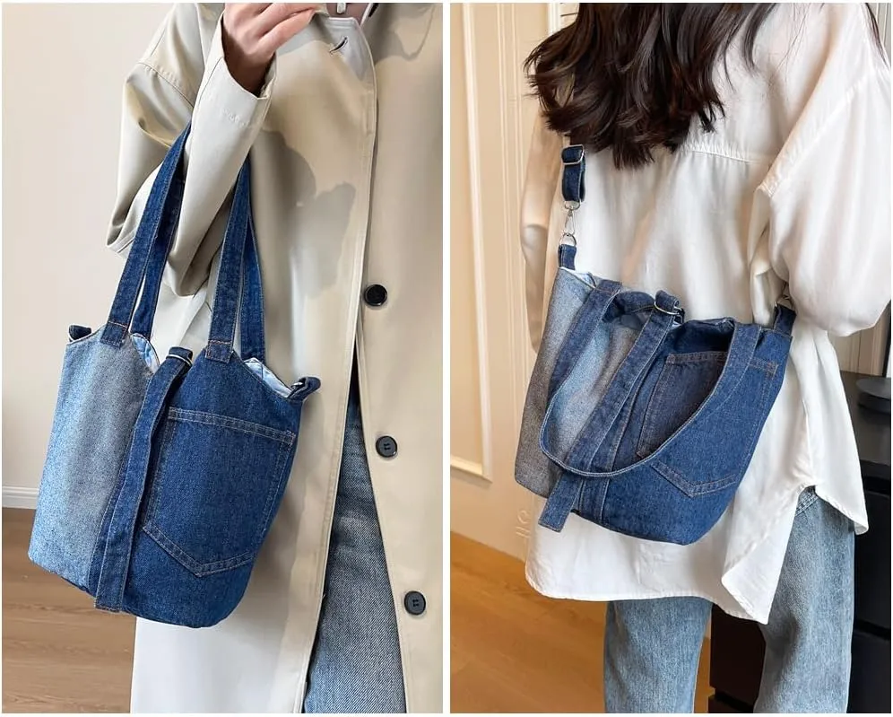 Women Denim Bucket Bag Stylish Shoulder Bag Hundred Crossbody Bag Casual Tote for Shopping Work