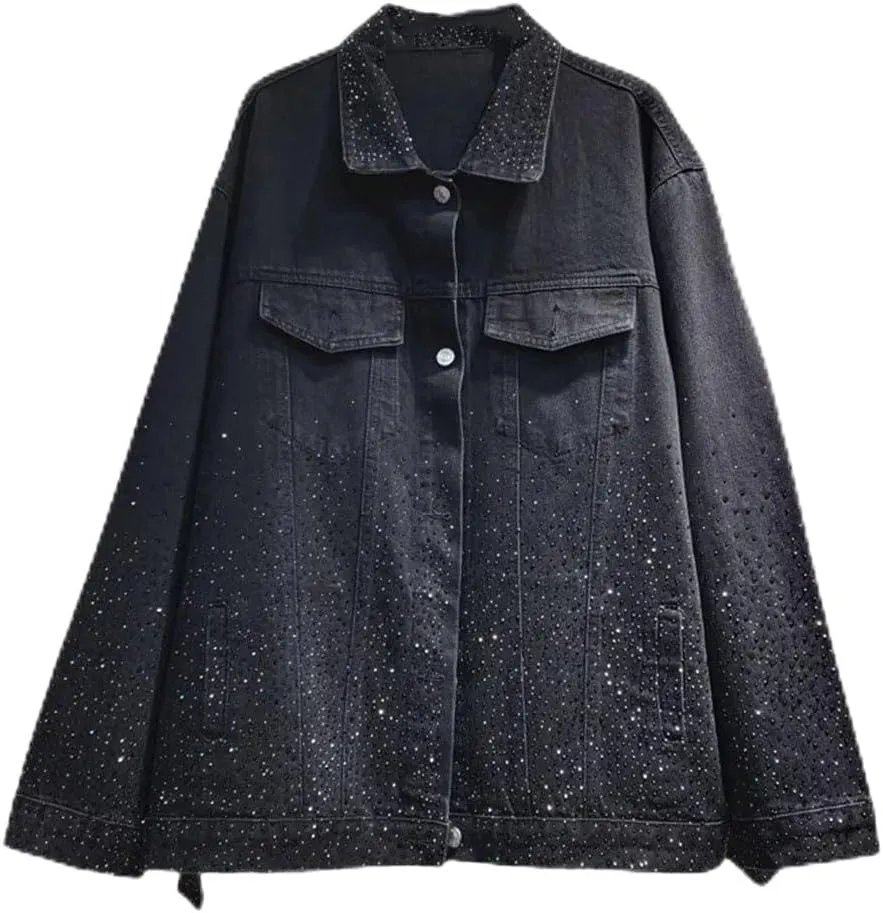 Women Denim Coat Rhinestone Lapel Long Sleeve Buttons Pockets Loose Casual Jackets