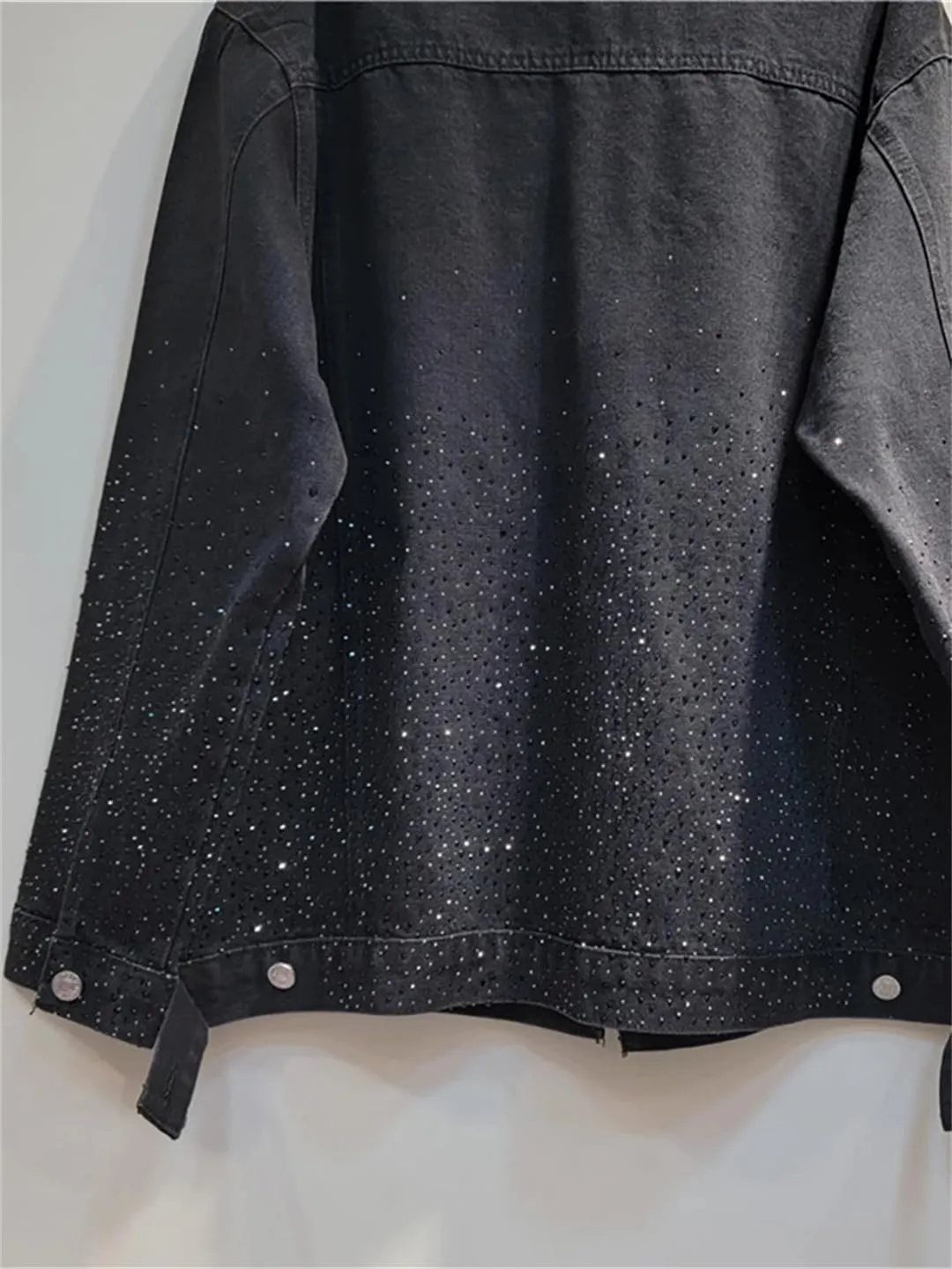 Women Denim Coat Rhinestone Lapel Long Sleeve Buttons Pockets Loose Casual Jackets