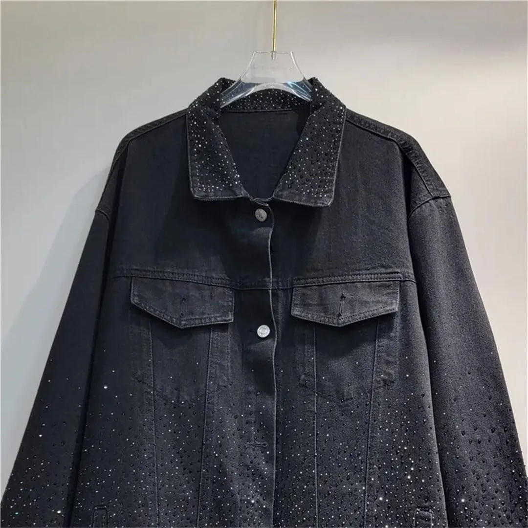 Women Denim Coat Rhinestone Lapel Long Sleeve Buttons Pockets Loose Casual Jackets