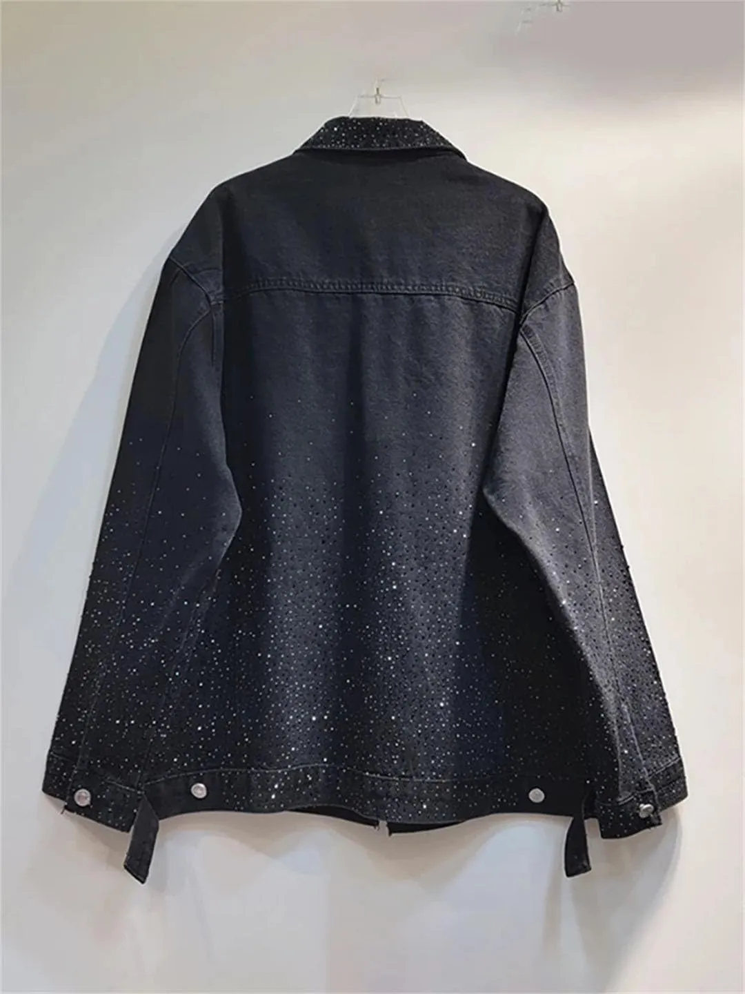 Women Denim Coat Rhinestone Lapel Long Sleeve Buttons Pockets Loose Casual Jackets