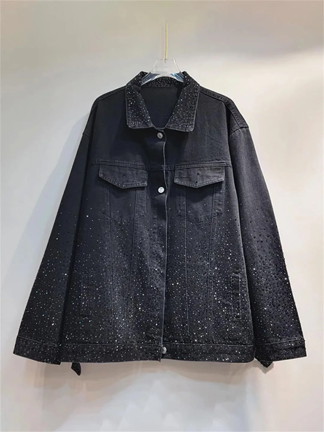 Women Denim Coat Rhinestone Lapel Long Sleeve Buttons Pockets Loose Casual Jackets
