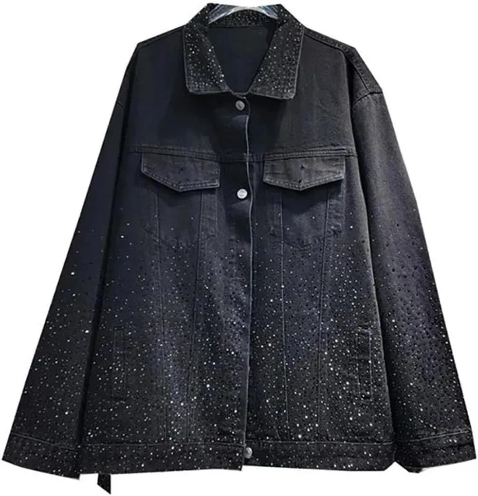 Women Denim Coat Rhinestone Lapel Long Sleeve Buttons Pockets Loose Casual Jackets