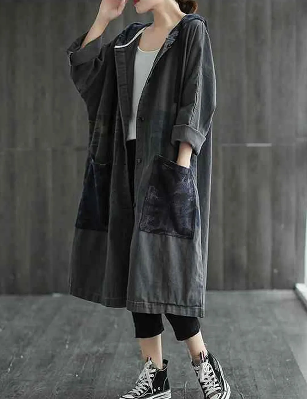 Women Fashion Oversized Distressed Denim Trench Jacket Coat Casual Ethnic Printed Fall Winter Hooded Outerwear