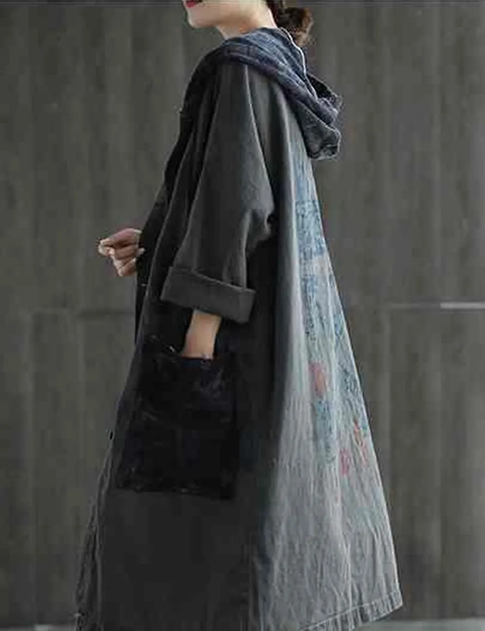 Women Fashion Oversized Distressed Denim Trench Jacket Coat Casual Ethnic Printed Fall Winter Hooded Outerwear