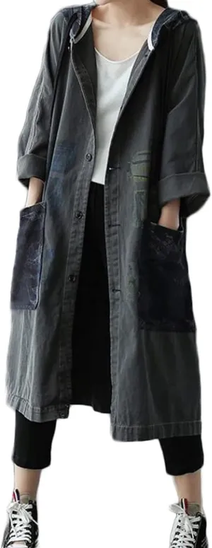 Women Fashion Oversized Distressed Denim Trench Jacket Coat Casual Ethnic Printed Fall Winter Hooded Outerwear