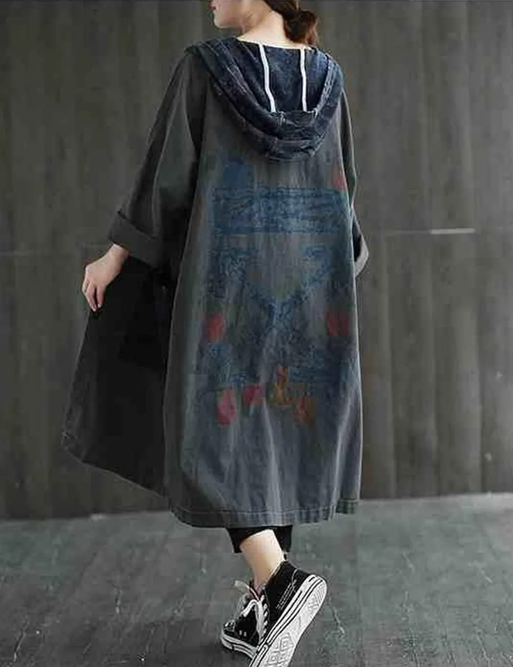 Women Fashion Oversized Distressed Denim Trench Jacket Coat Casual Ethnic Printed Fall Winter Hooded Outerwear