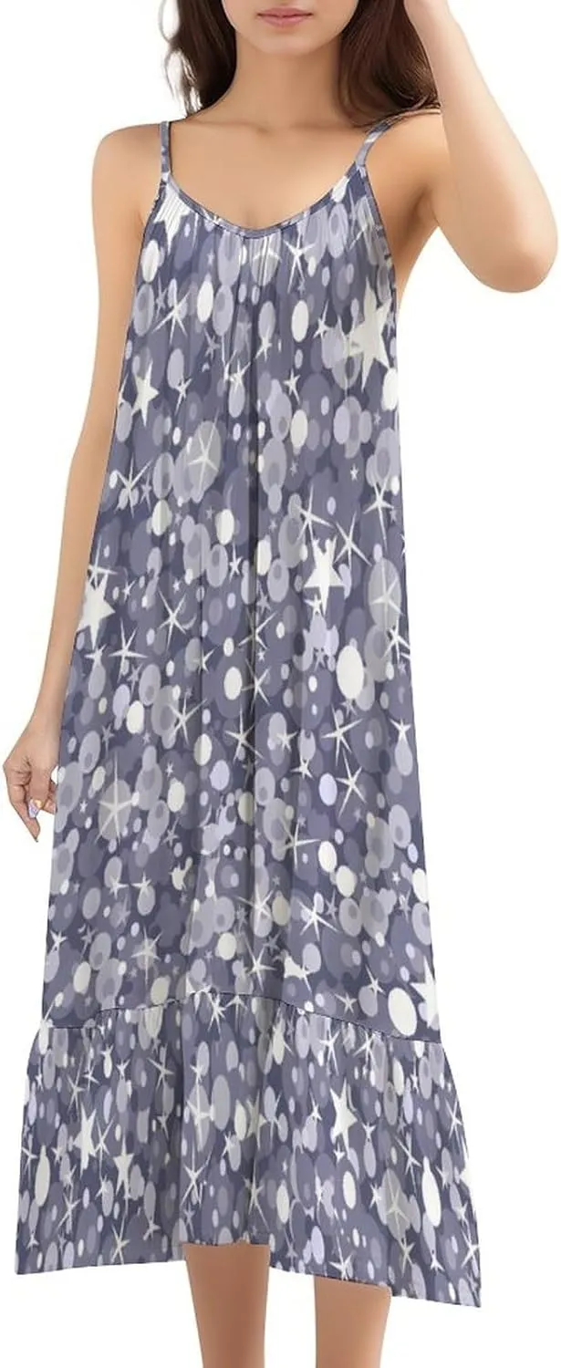 Women Grey Stelliform Summer Spaghetti Strap Tank Dress Stylish Ruffle Flowy Boho Sundress