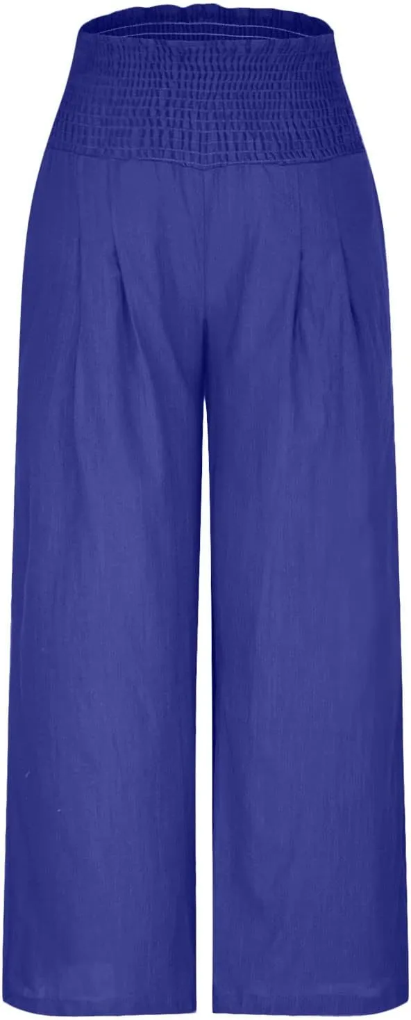 Women Linen Palazzo Pants Elastic High Waisted Flowy Casual Loose Trousers Wide Leg Vacation Beach Summer Pants
