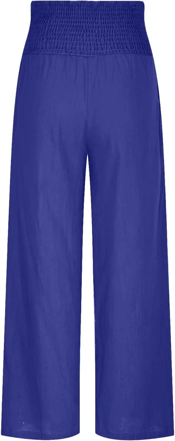 Women Linen Palazzo Pants Elastic High Waisted Flowy Casual Loose Trousers Wide Leg Vacation Beach Summer Pants