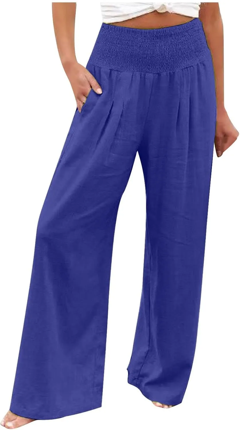 Women Linen Palazzo Pants Elastic High Waisted Flowy Casual Loose Trousers Wide Leg Vacation Beach Summer Pants