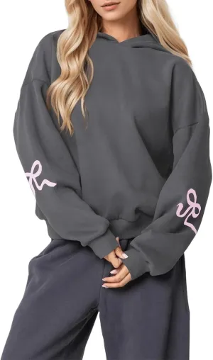 Women Oversized Bow Hoodies Long Sleeve Cute Graphic Hooded Sweatshirts Preppy Aesthetic Pullover Top