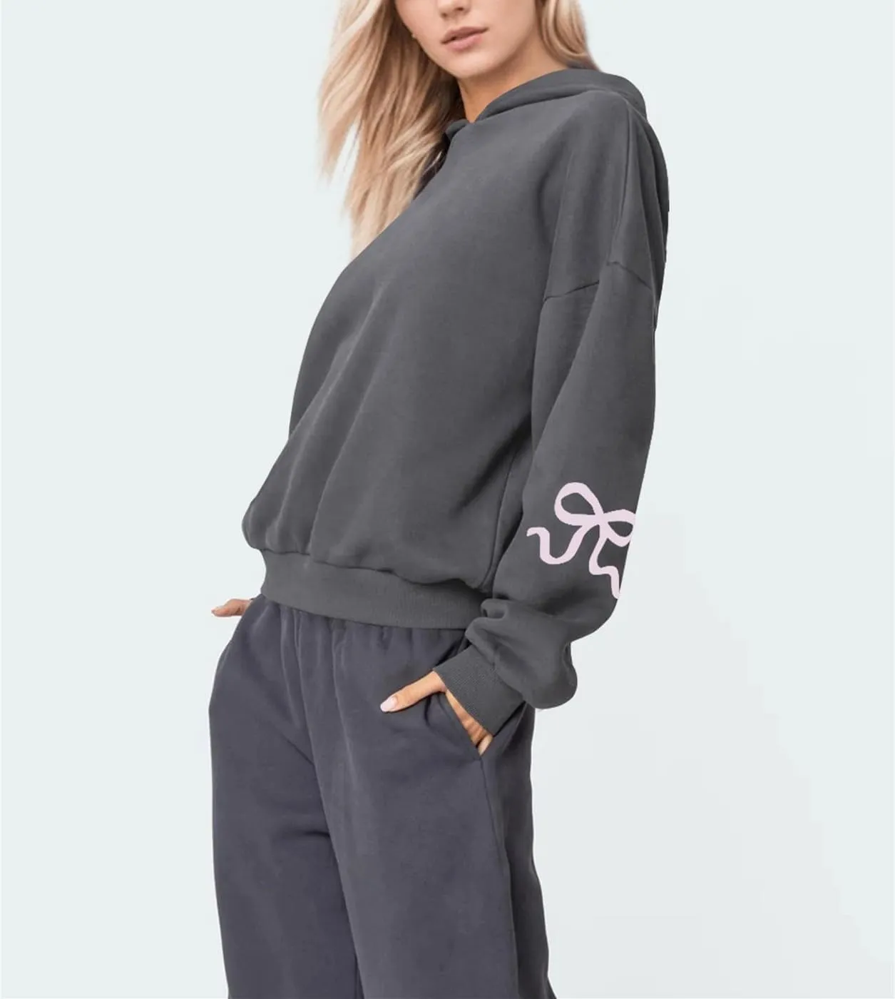 Women Oversized Bow Hoodies Long Sleeve Cute Graphic Hooded Sweatshirts Preppy Aesthetic Pullover Top