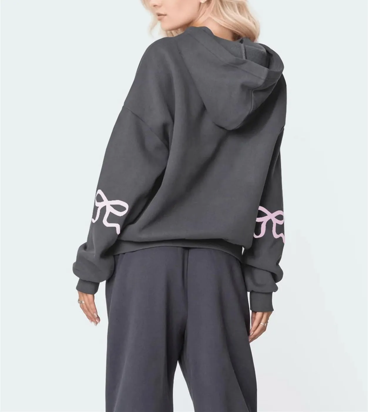 Women Oversized Bow Hoodies Long Sleeve Cute Graphic Hooded Sweatshirts Preppy Aesthetic Pullover Top