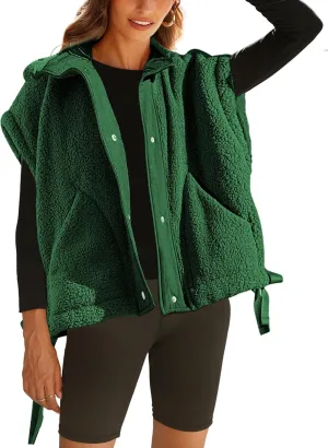Women Oversized Fleece Vest Trendy Sleeveless Button Down Fuzzy Sherpa Jacket Winter Warm Outerwear Vest with Pockets