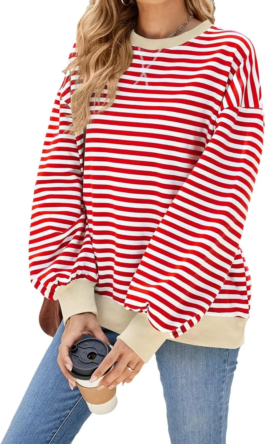 Women Oversized Striped Sweatshirt Color Block Long Sleeve Pullover Tops Preppy Clothes