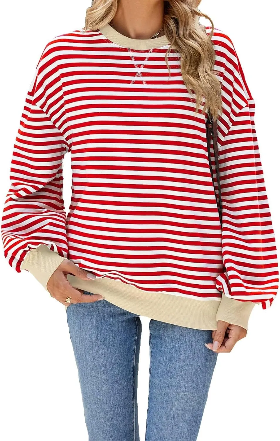Women Oversized Striped Sweatshirt Color Block Long Sleeve Pullover Tops Preppy Clothes