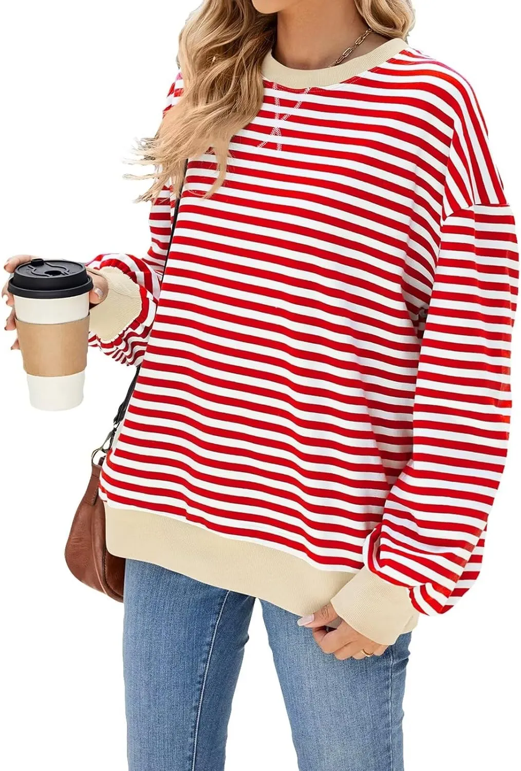 Women Oversized Striped Sweatshirt Color Block Long Sleeve Pullover Tops Preppy Clothes