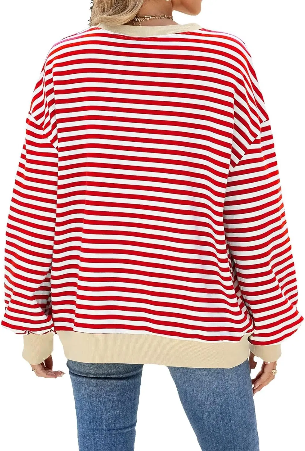 Women Oversized Striped Sweatshirt Color Block Long Sleeve Pullover Tops Preppy Clothes