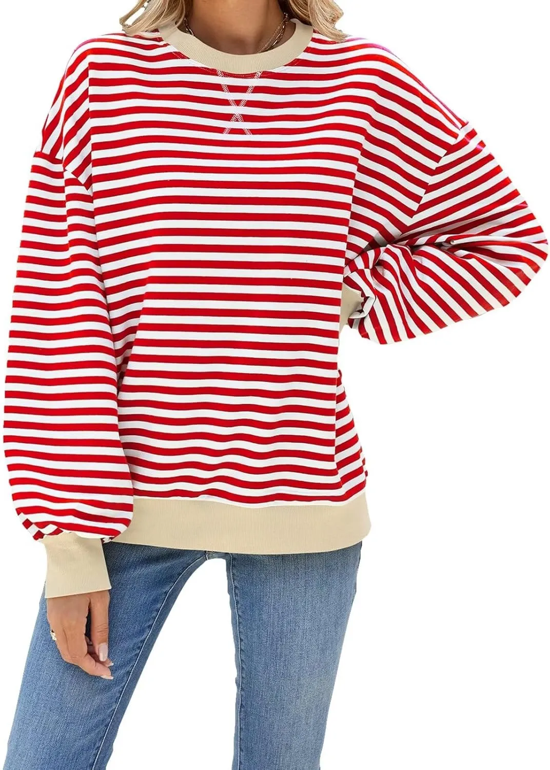 Women Oversized Striped Sweatshirt Color Block Long Sleeve Pullover Tops Preppy Clothes