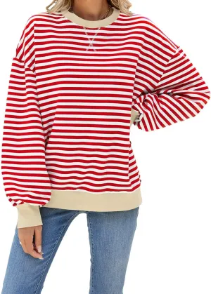 Women Oversized Striped Sweatshirt Color Block Long Sleeve Pullover Tops Preppy Clothes