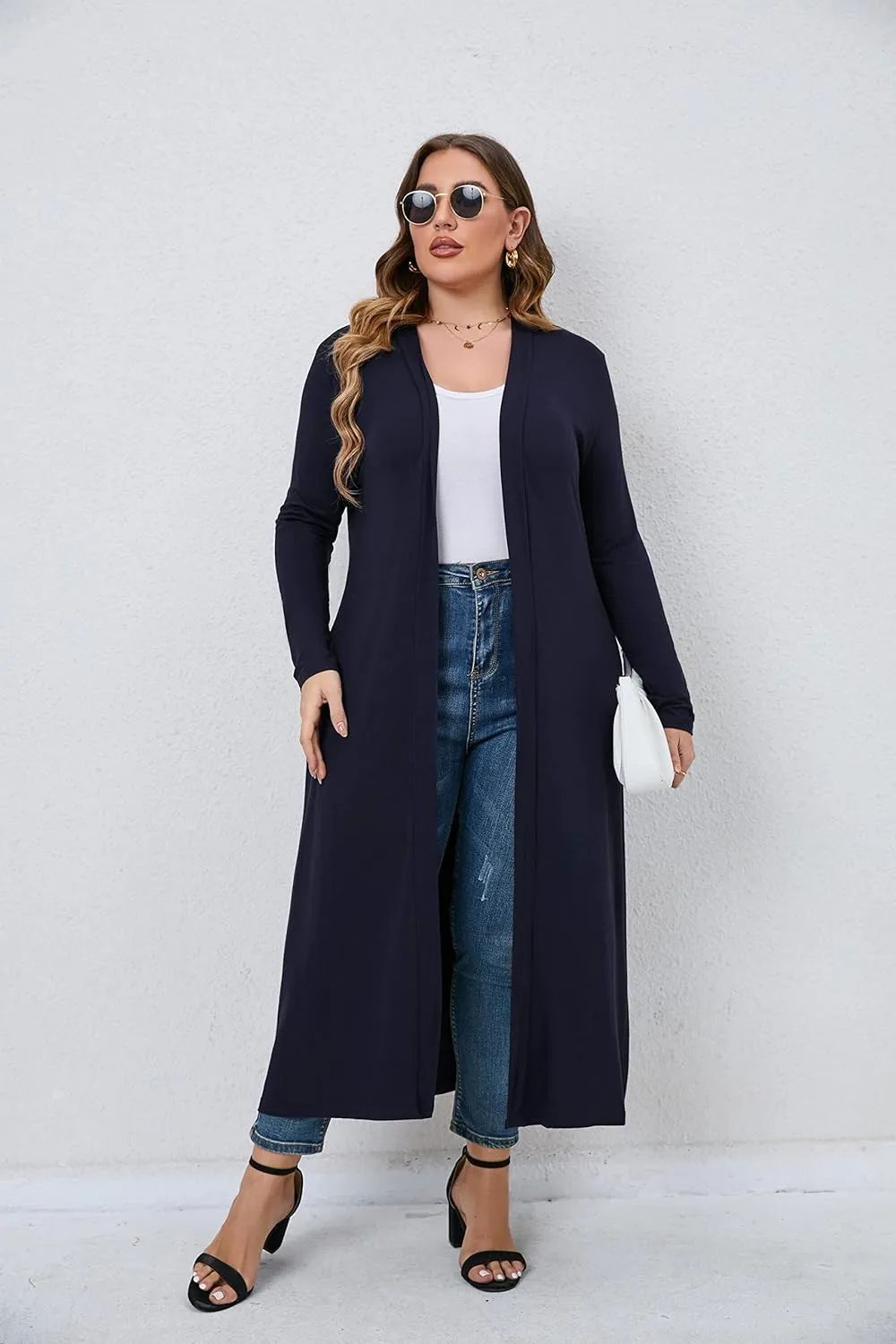 Women Plus Size Floor Length Open Front Drape Cardigan Lightweight Long Sleeve Maxi Duster with Pockets 1X-5X