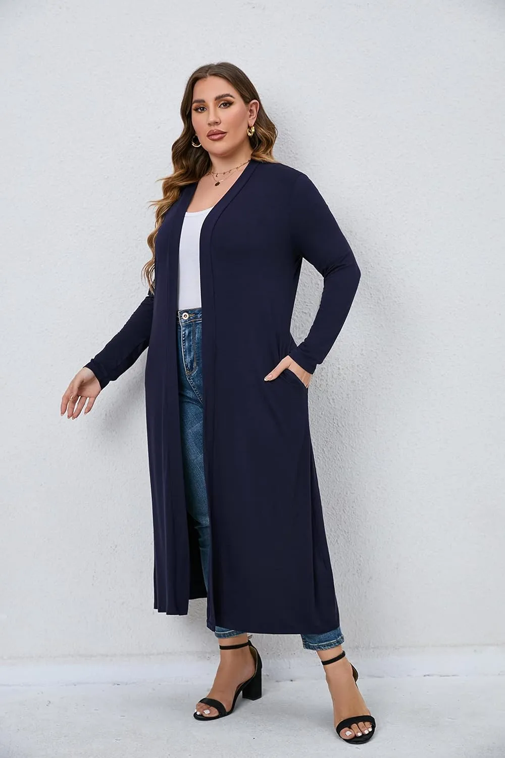 Women Plus Size Floor Length Open Front Drape Cardigan Lightweight Long Sleeve Maxi Duster with Pockets 1X-5X
