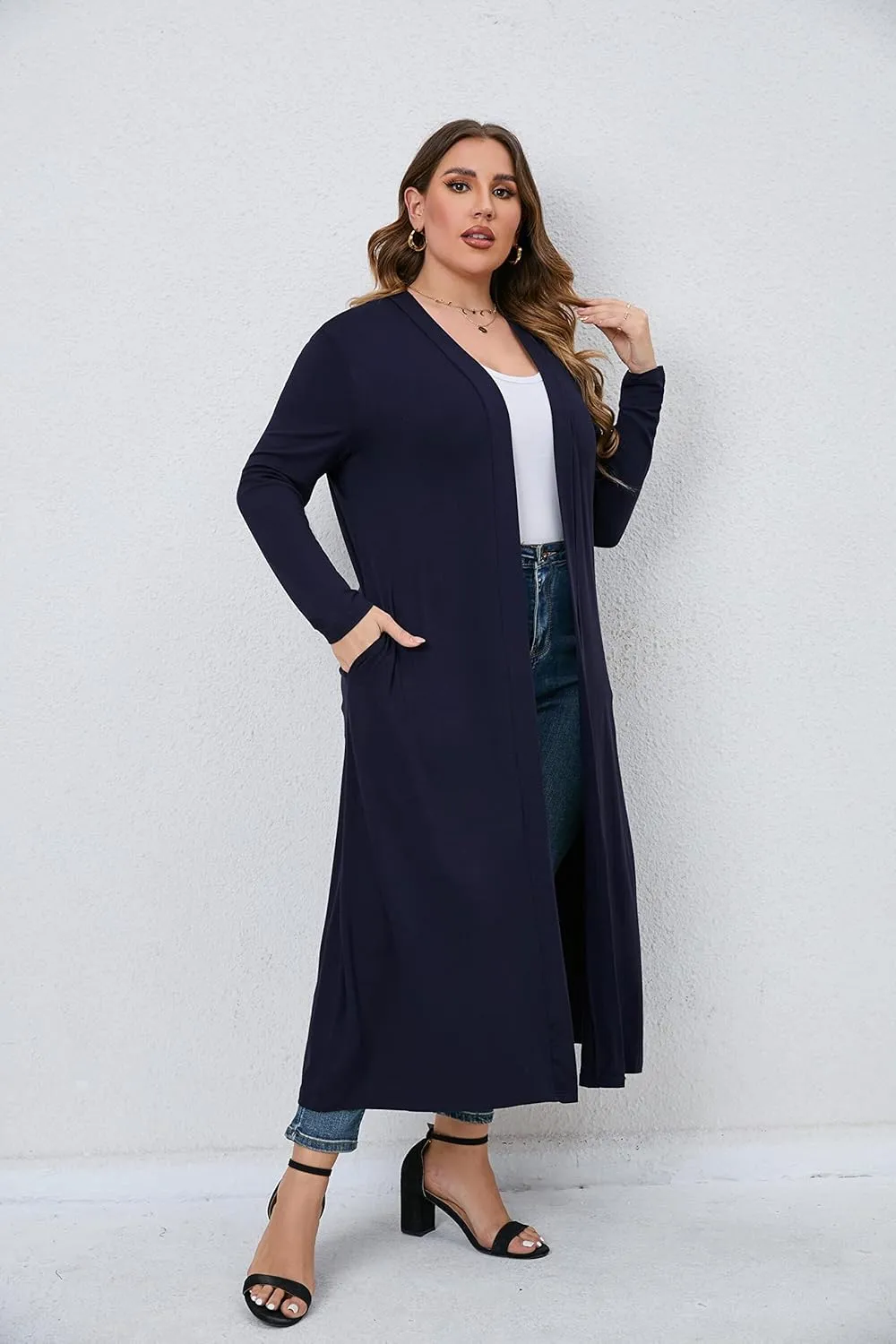 Women Plus Size Floor Length Open Front Drape Cardigan Lightweight Long Sleeve Maxi Duster with Pockets 1X-5X
