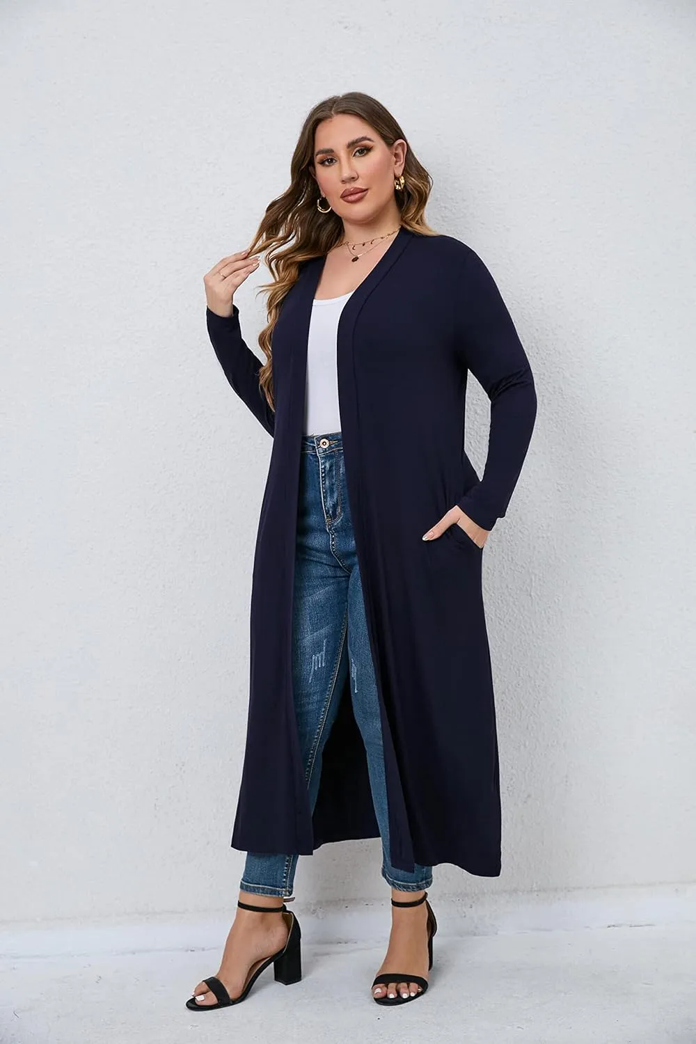Women Plus Size Floor Length Open Front Drape Cardigan Lightweight Long Sleeve Maxi Duster with Pockets 1X-5X