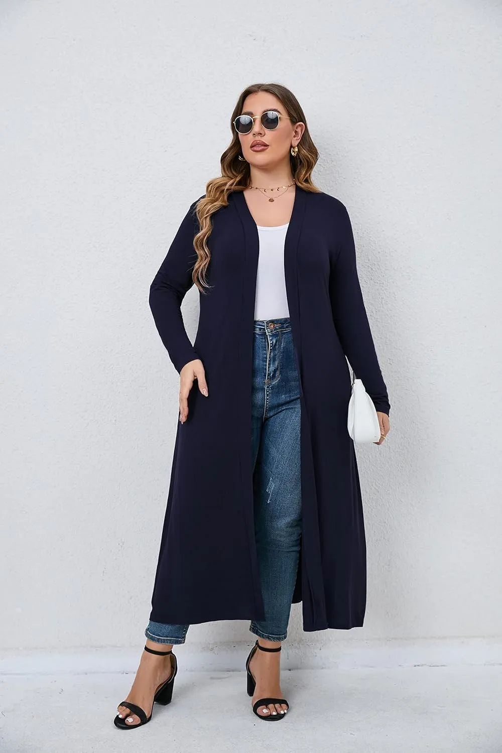 Women Plus Size Floor Length Open Front Drape Cardigan Lightweight Long Sleeve Maxi Duster with Pockets 1X-5X