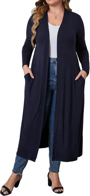 Women Plus Size Floor Length Open Front Drape Cardigan Lightweight Long Sleeve Maxi Duster with Pockets 1X-5X