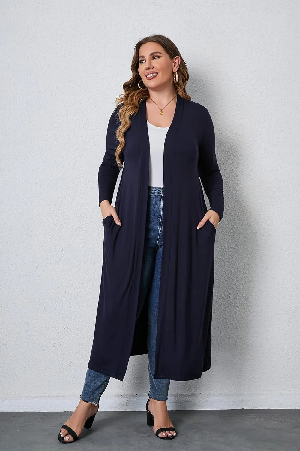 Women Plus Size Floor Length Open Front Drape Cardigan Lightweight Long Sleeve Maxi Duster with Pockets 1X-5X