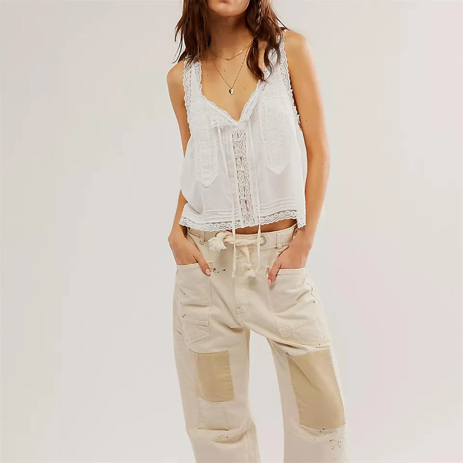 Women Sleeveless Lace Trim Tank Tops Beach Vacation Essentials Button Down Front Tie Mesh Chiffon Crop Tops