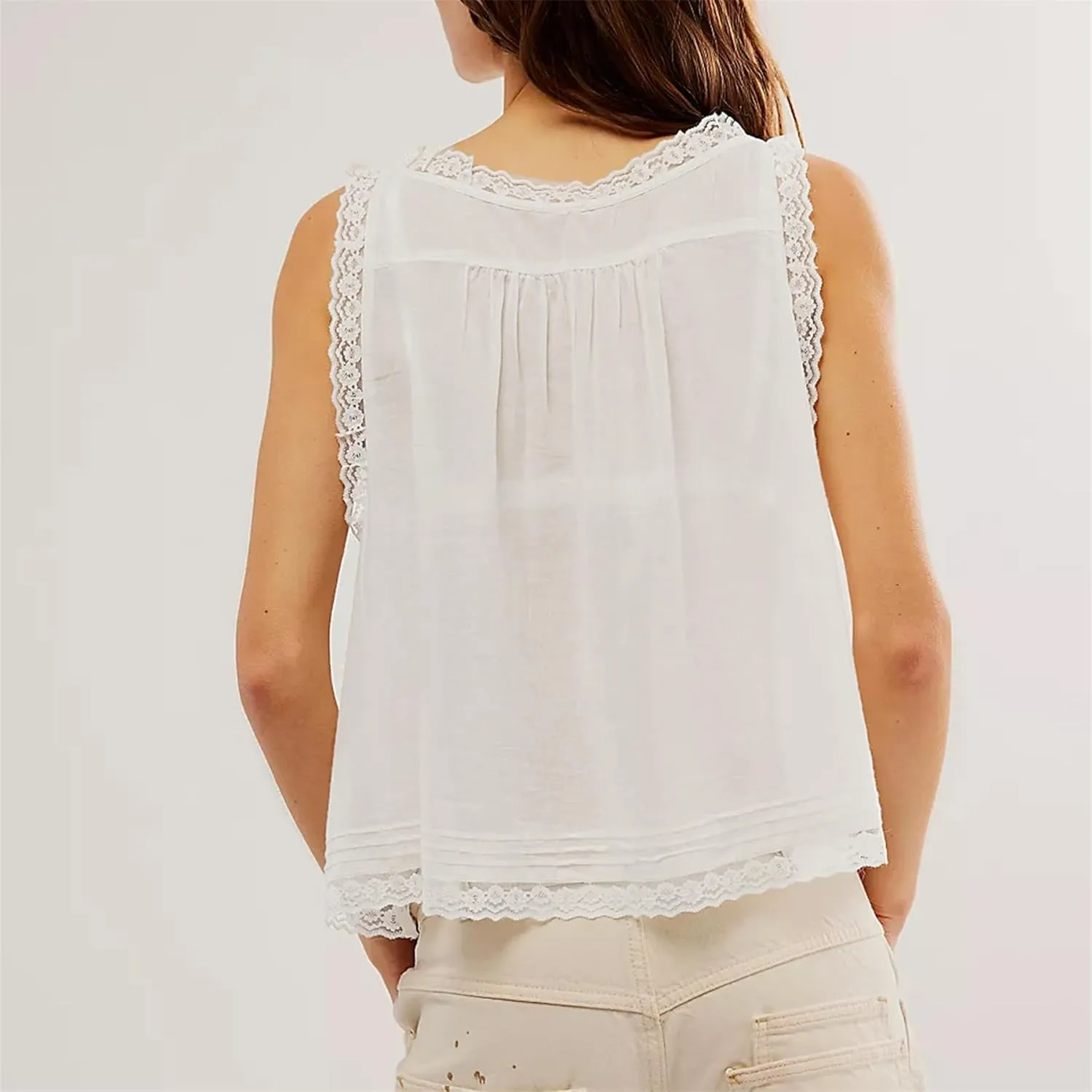 Women Sleeveless Lace Trim Tank Tops Beach Vacation Essentials Button Down Front Tie Mesh Chiffon Crop Tops