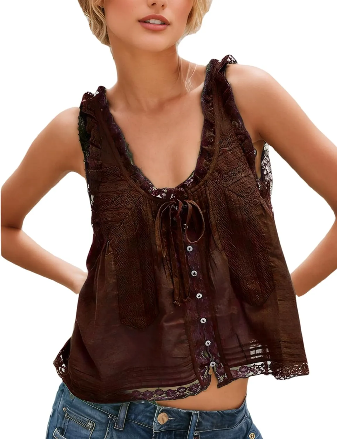 Women Sleeveless Lace Trim Tank Tops Beach Vacation Essentials Button Down Front Tie Mesh Chiffon Crop Tops