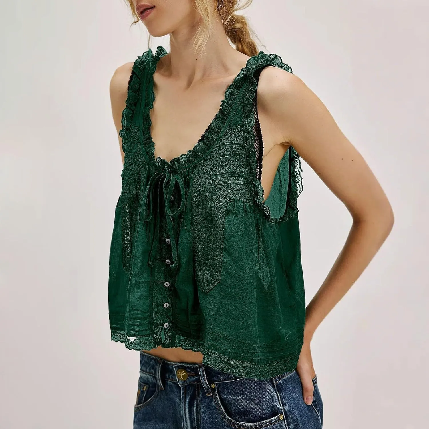 Women Sleeveless Lace Trim Tank Tops Beach Vacation Essentials Button Down Front Tie Mesh Chiffon Crop Tops