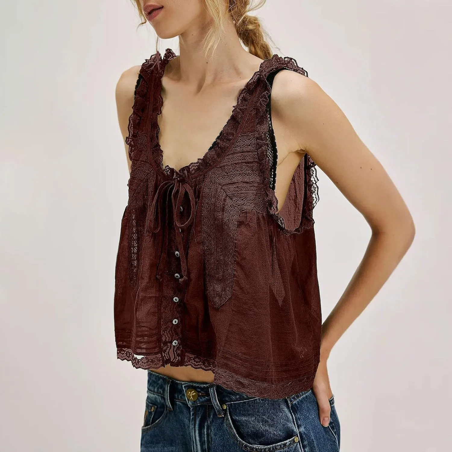 Women Sleeveless Lace Trim Tank Tops Beach Vacation Essentials Button Down Front Tie Mesh Chiffon Crop Tops