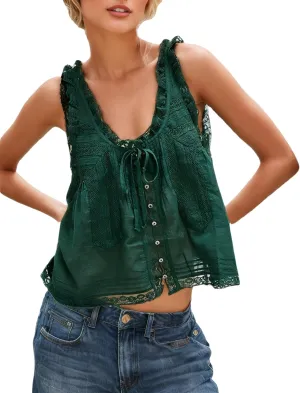 Women Sleeveless Lace Trim Tank Tops Beach Vacation Essentials Button Down Front Tie Mesh Chiffon Crop Tops