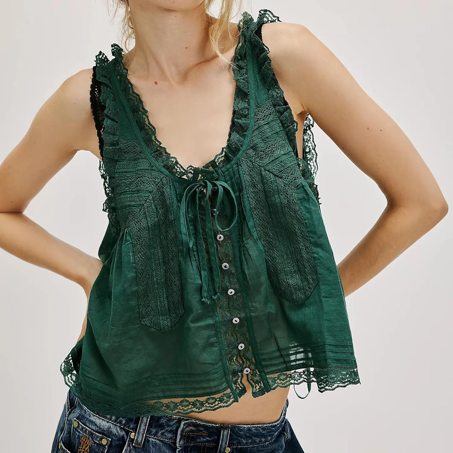 Women Sleeveless Lace Trim Tank Tops Beach Vacation Essentials Button Down Front Tie Mesh Chiffon Crop Tops