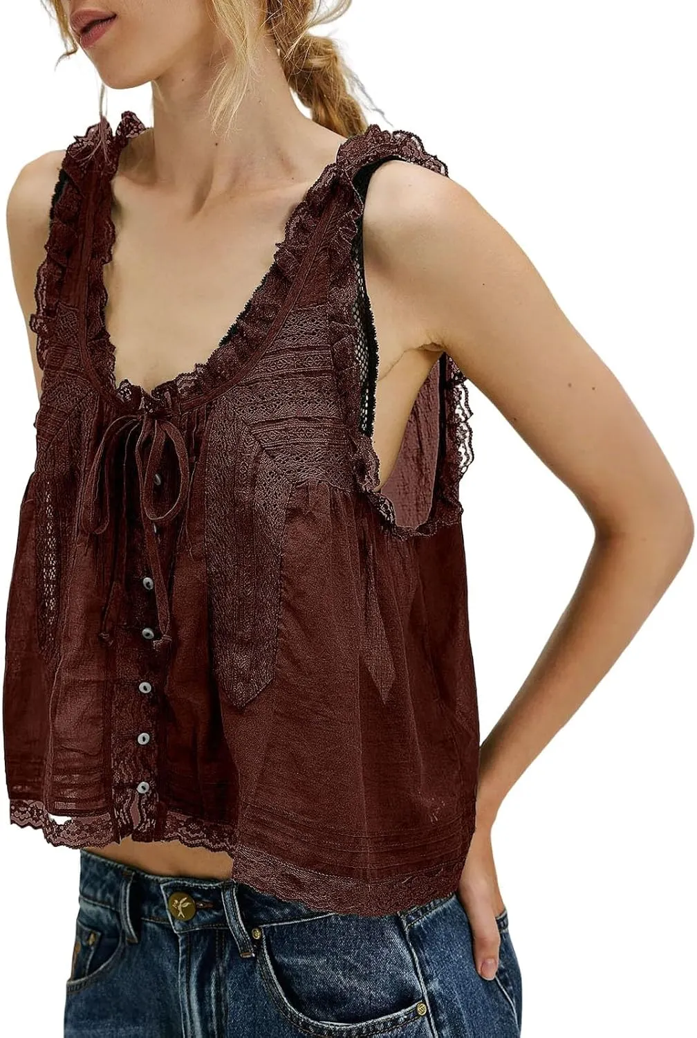 Women Sleeveless Lace Trim Tank Tops Beach Vacation Essentials Button Down Front Tie Mesh Chiffon Crop Tops