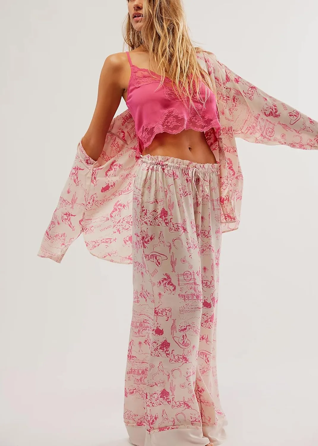 Women Soft Satin Pajamas Set Y2K Floral Long Sleeve Button Down Shirt Wide Leg Pants 2 Piece Silk Pjs Set Loungewear