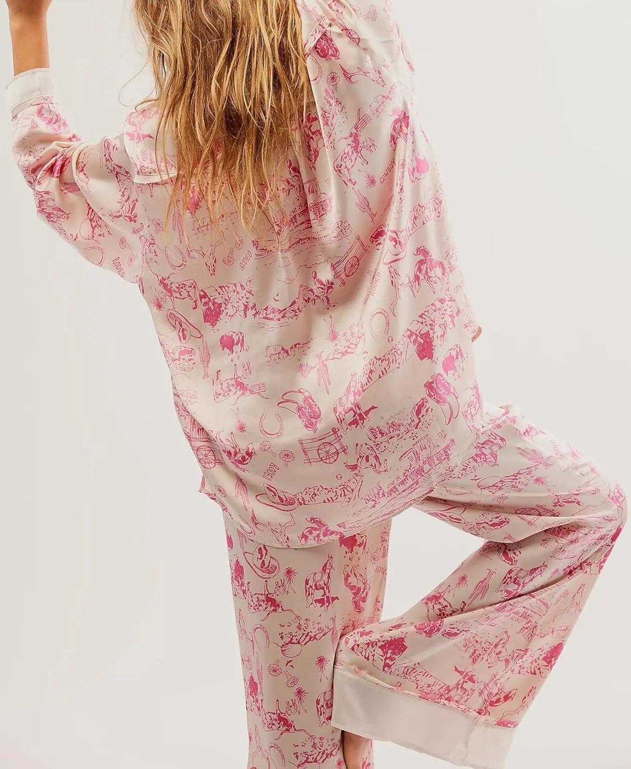Women Soft Satin Pajamas Set Y2K Floral Long Sleeve Button Down Shirt Wide Leg Pants 2 Piece Silk Pjs Set Loungewear