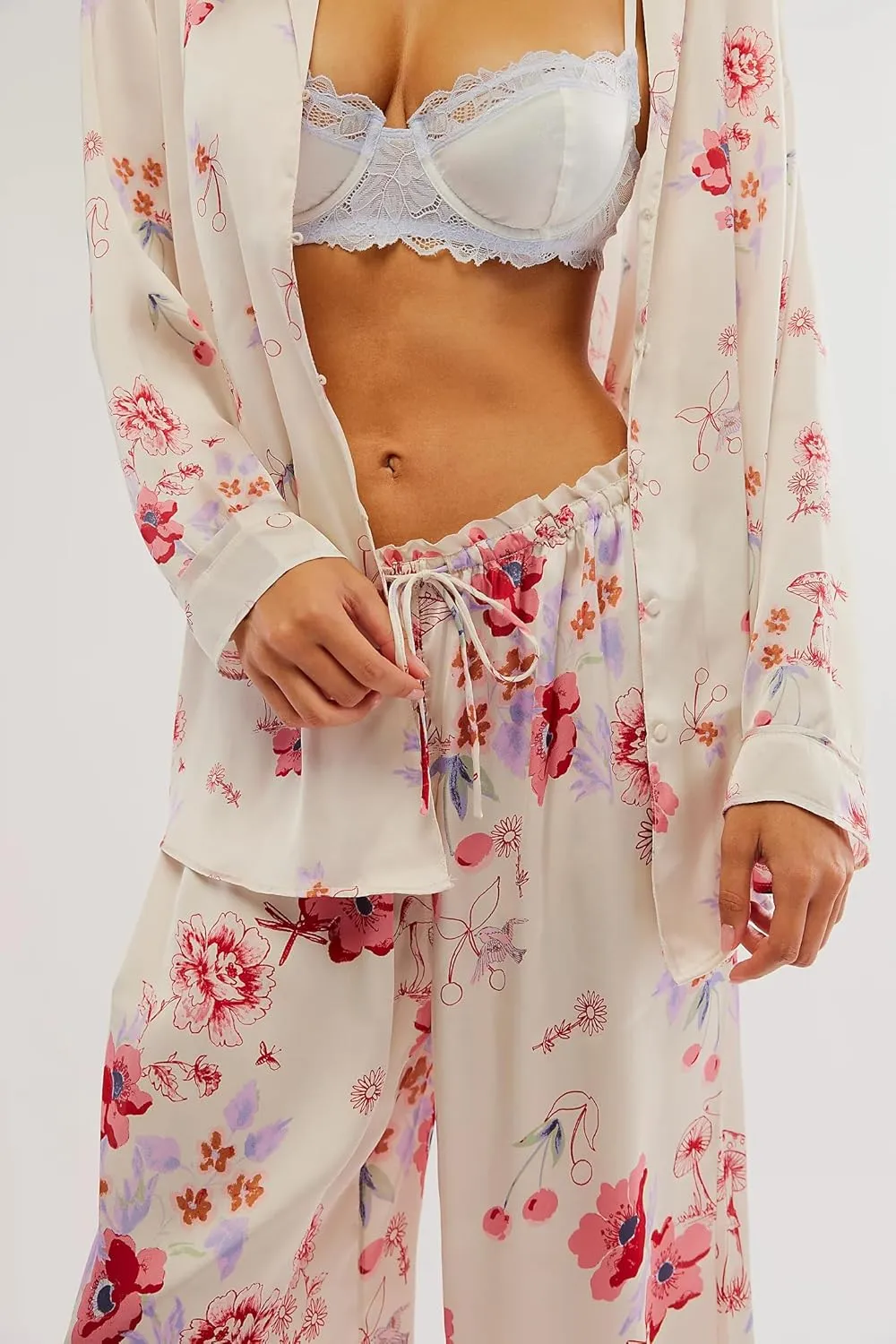 Women Soft Satin Pajamas Set Y2K Floral Long Sleeve Button Down Shirt Wide Leg Pants 2 Piece Silk Pjs Set Loungewear
